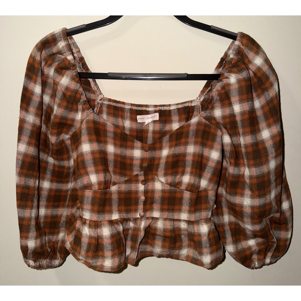 Coco + Jaimeson Brown Plaid Puff Sleeve Peplum Crop‎ Top Blouse Small CW3663-FZU